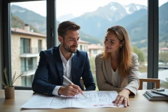 Couple consultant des brochures immobilières dans une agence d'Andorre avec vue sur les Pyrénées