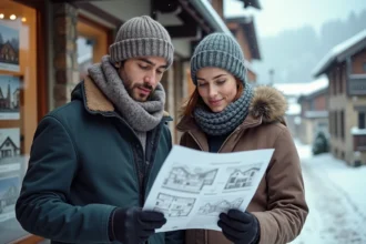 Couple consultant des plans d'appartement devant une agence immobilière aux Menuires en hiver