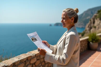 Femme examinant une annonce immobilière sur une terrasse avec vue mer en bord de falaise