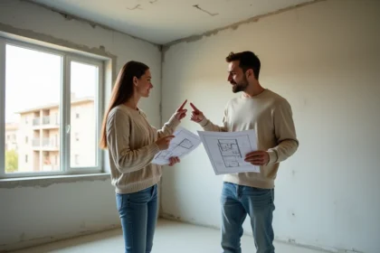 Couple d'acheteurs immobiliers débutants examinent les plans d'un appartement T3 vide en se posant des questions sur le nombre de chambres