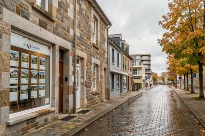 Vue d'ensemble d'une rue bretonne avec des immeubles en pierre et une vitrine d'agence immobilière, illustrant le marché locatif en Bretagne