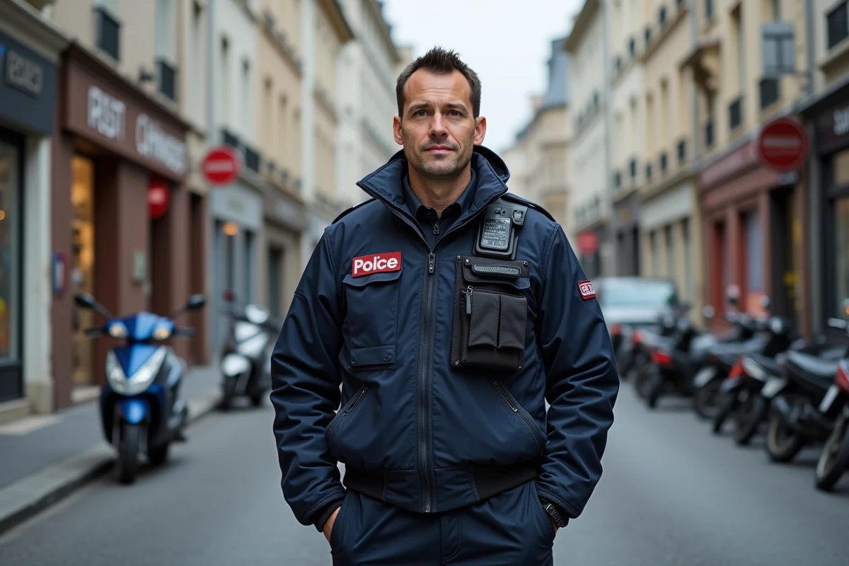 Policier en uniforme dans une rue animée de Romans sur Isère