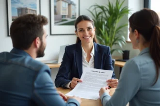 Agent immobilière expliquant un compromis de vente à des clients dans une agence moderne