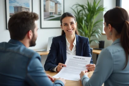 Agent immobilière expliquant un compromis de vente à des clients dans une agence moderne