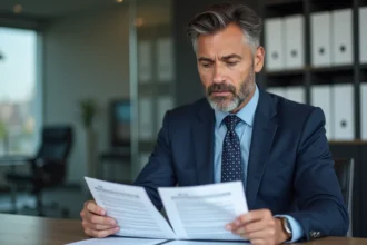 Agent immobilier en costume examinant des contrats dans un bureau moderne