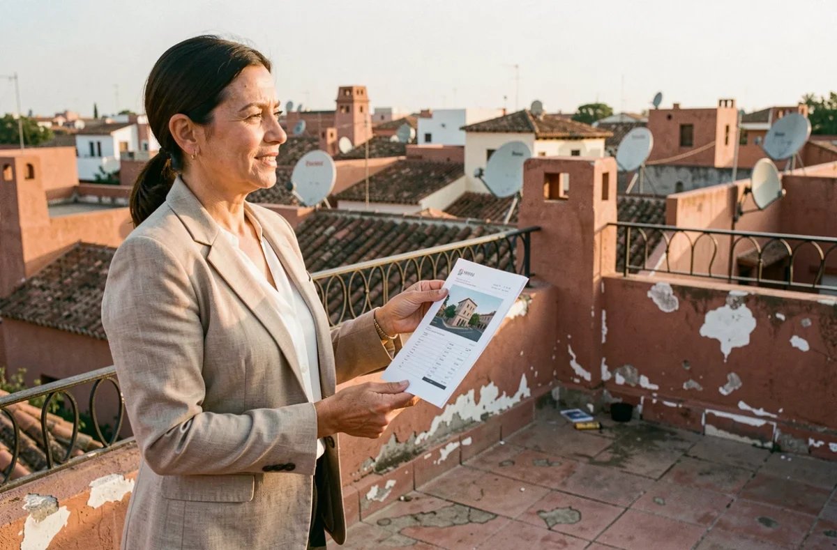 Agent immobilière tenant une estimation de prix sur la terrasse d'un riad à vendre dans la médina de Marrakech