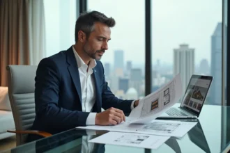 Agent immobilier de luxe consultant des plans et brochures dans une agence moderne avec vue sur la ville