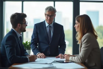 Agent immobilier en réunion avec un couple dans un bureau moderne