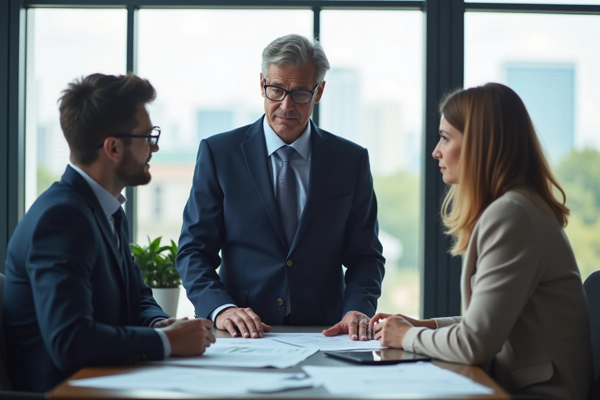 Agent immobilier en réunion avec un couple dans un bureau moderne