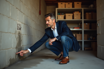 Agent immobilier montrant une fissure dans un mur de sous-sol