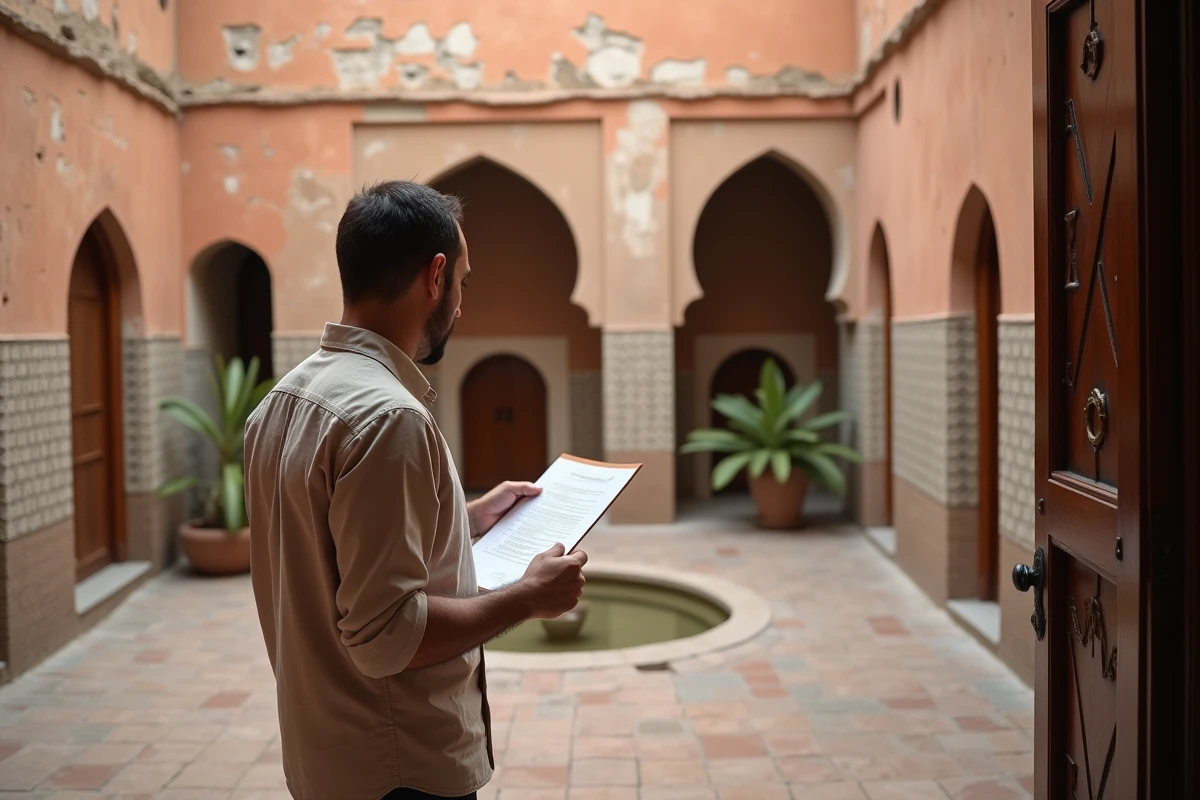 Agent immobilier marocain présentant une villa à rénover à Marrakech avec des mosaïques zellige fissurées et un patio intérieur dégradé