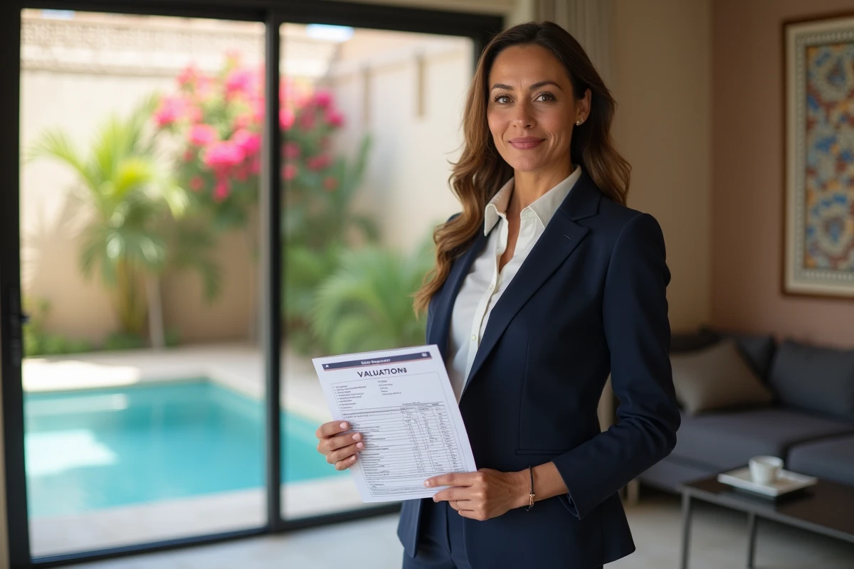 Agente immobilière présentant l'évaluation d'un appartement avec piscine à Agadir au Maroc