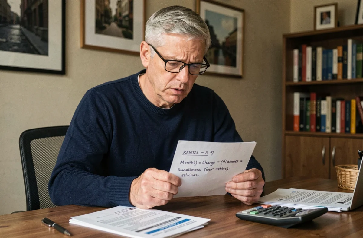 Propriétaire ou locataire analysant des factures et des provisions de charges locatives à son bureau à domicile