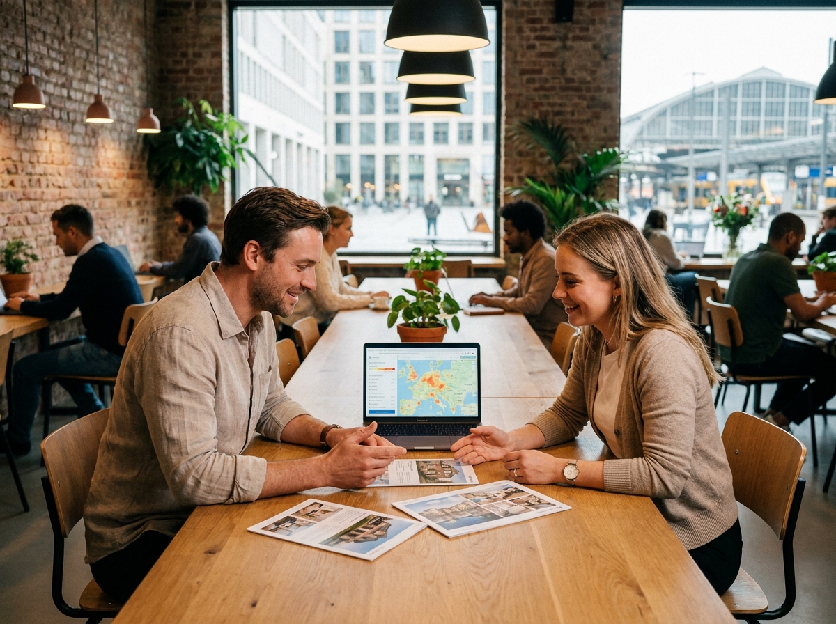 Deux professionnels analysant les prix immobiliers par quartier à Rennes dans un espace de coworking d'EuroRennes