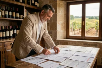 Acheteur potentiel analysant les documents de rentabilité d'une propriété viticole bordelaise dans un bureau de château traditionnel