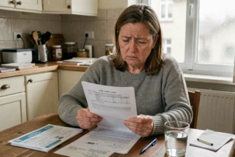 Femme d'âge mûr lisant un bail de location avec des documents médicaux posés sur une table en bois dans un appartement