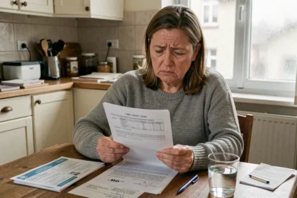Femme d'âge mûr lisant un bail de location avec des documents médicaux posés sur une table en bois dans un appartement