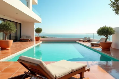 Terrasse d'appartement moderne à Agadir avec piscine à débordement et vue sur la côte atlantique marocaine