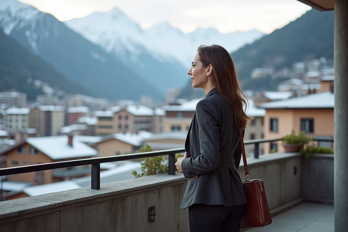 Femme professionnelle sur le balcon d'un appartement moderne à Escaldes-Engordany en Andorre
