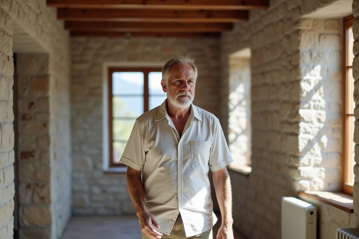 Homme visitant un appartement à rénover dans un bâtiment en pierre traditionnel à Ordino, Andorre