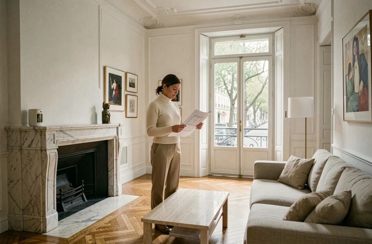 Intérieur raffiné d'un appartement de standing parisien avec parquet en chevrons, cheminée en marbre et femme professionnelle consultant des plans immobiliers