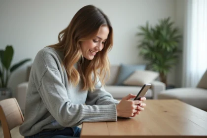 Femme consultant l'application mobile raffinement-et-habitat.fr sur son smartphone dans un appartement moderne