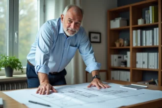 Architecte examinant un plan de construction en limite de propriété sur son bureau