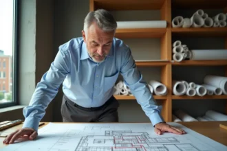 Architecte étudiant un plan en coupe de terrain et de construction sur une table à dessin dans un studio d'architecture