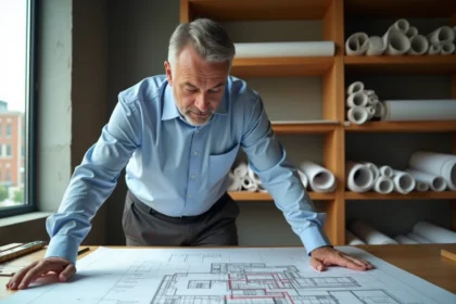 Architecte étudiant un plan en coupe de terrain et de construction sur une table à dessin dans un studio d'architecture