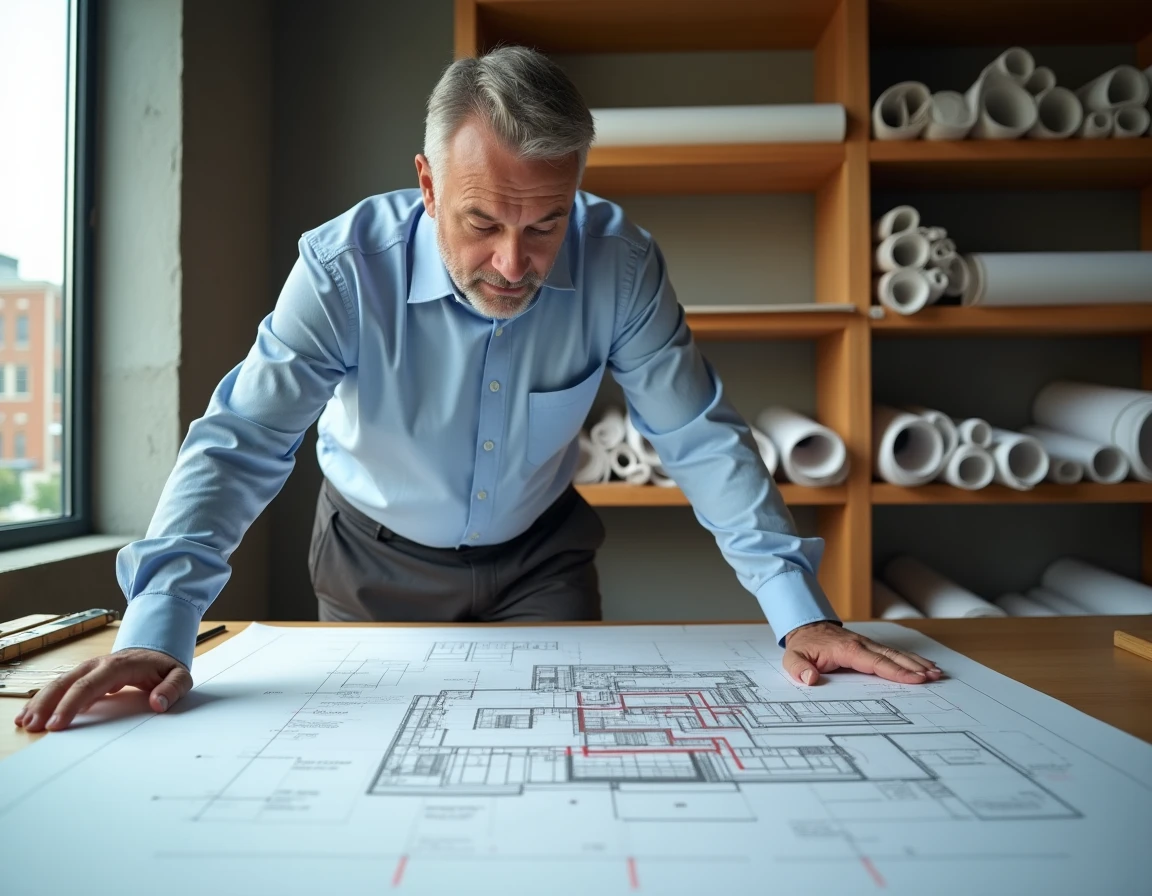 Architecte étudiant un plan en coupe de terrain et de construction sur une table à dessin dans un studio d'architecture