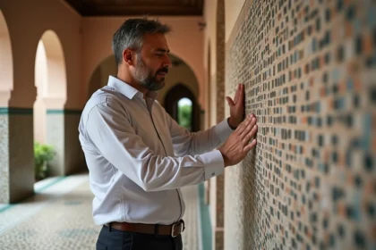 Homme marocain inspectant un mur en mosaïque dans une villa de Marrakech