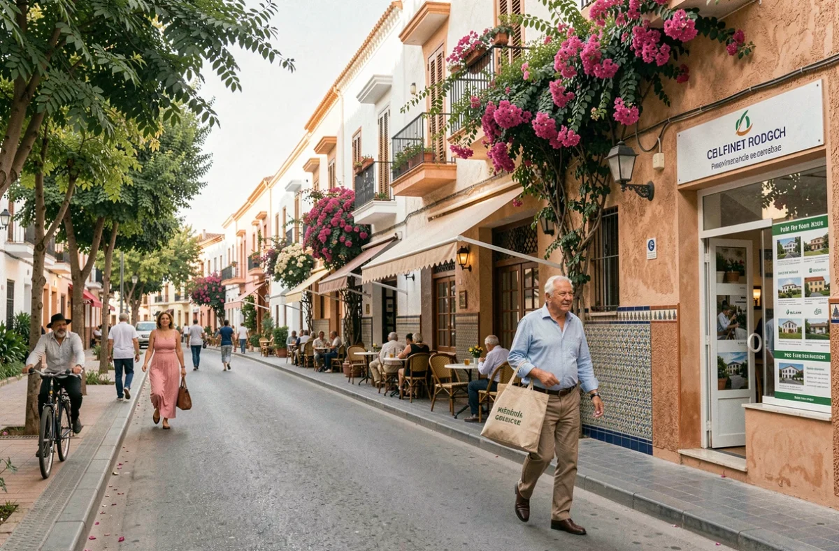Avenue animée de Guéliz à Marrakech avec des retraités français et des agences immobilières, cadre de vie apprécié des expatriés