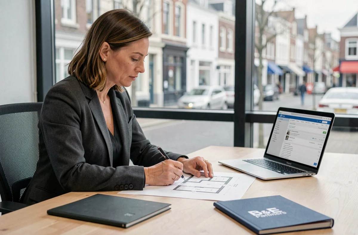 Professionnelle de B&E Partners à Lille annotant un plan de bien immobilier dans un cabinet indépendant moderne