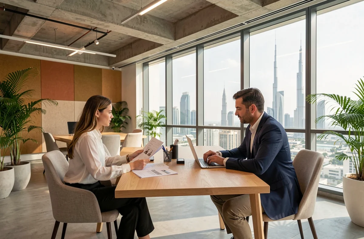 Deux professionnels en réunion de travail dans un bureau moderne avec vue sur la skyline de Dubaï, illustrant un comparatif entre JLT et DIFC