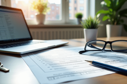 Bureau lumineux avec documents fiscaux et ordinateur