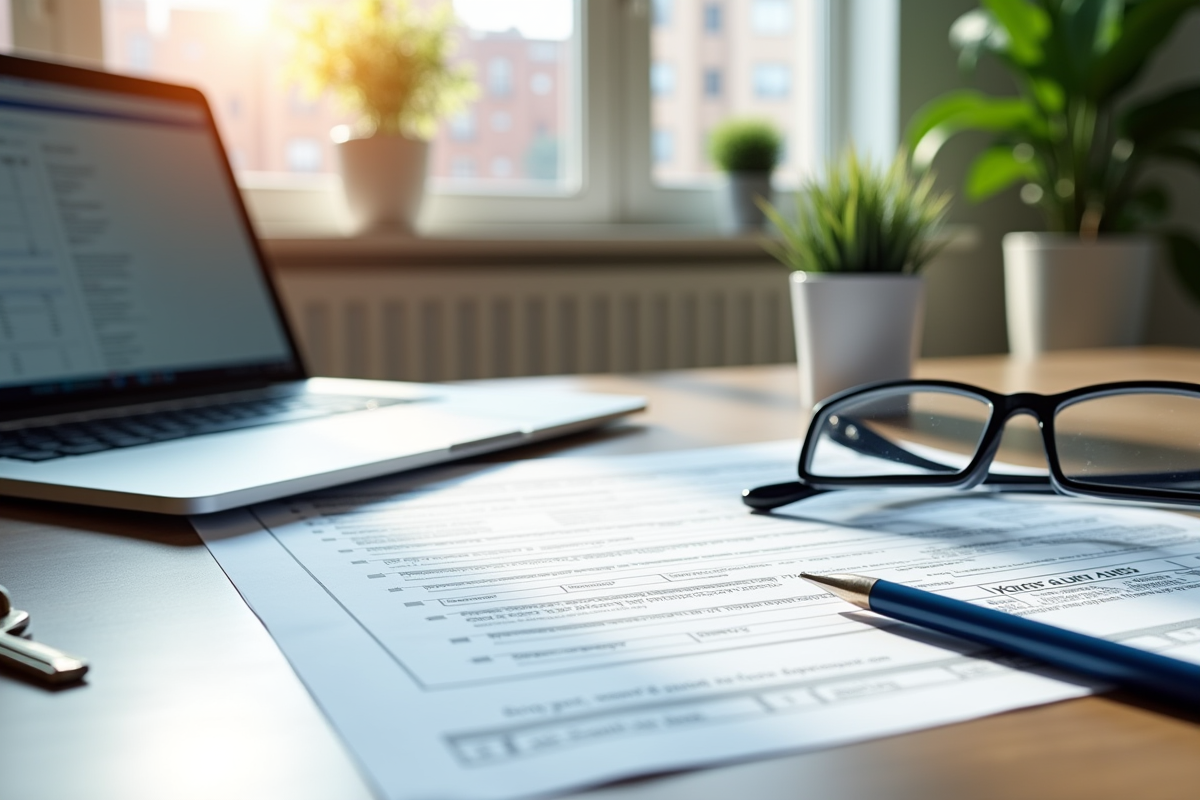 Bureau lumineux avec documents fiscaux et ordinateur