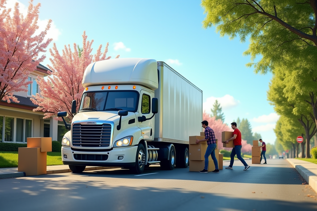 Camion de déménagement moderne garé dans une rue ensoleillée avec déménageurs