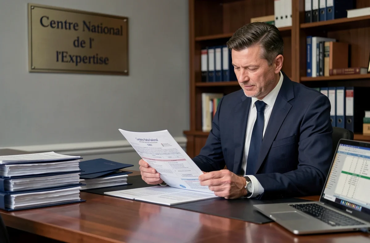 Expert du Centre National de l'Expertise examinant un rapport d'évaluation immobilière dans un bureau formel en Hauts-de-France