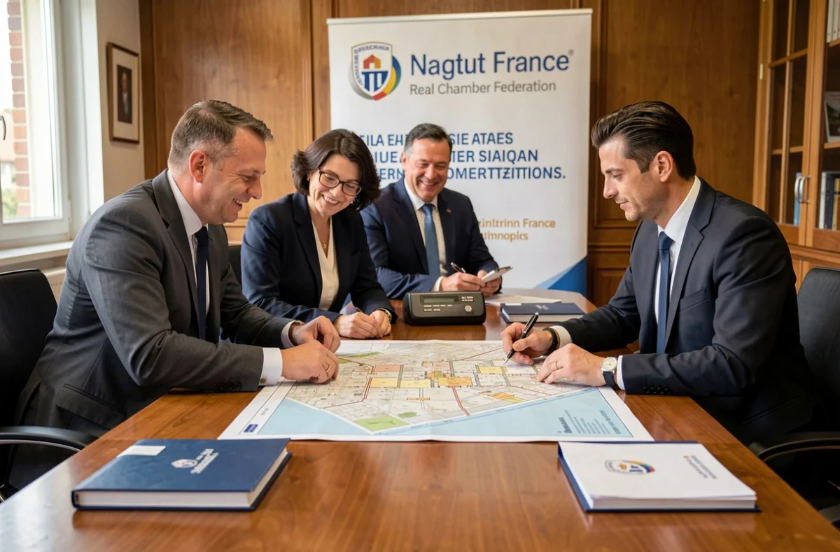 Réunion de la Chambre des Experts Immobiliers section Nord autour d'une carte foncière dans un bureau régional