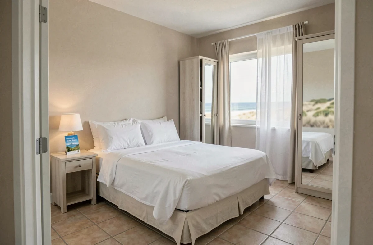 Chambre de location saisonnière meublée avec literie blanche et équipements touristiques essentiels