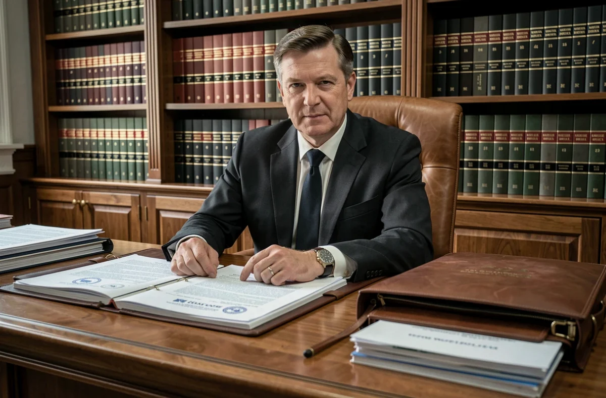 Expert judiciaire en immobilier de la CNEJI dans un bureau formel entouré de dossiers juridiques et de codes légaux