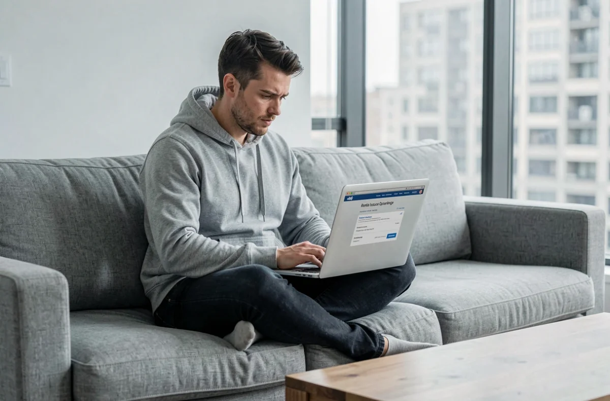 Jeune homme locataire comparant des devis d'assurance habitation en ligne sur un canapé dans un appartement loué
