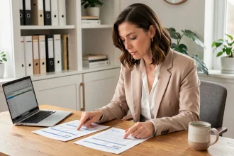 Femme comparant des documents de frais d'agence immobilière à son bureau à domicile