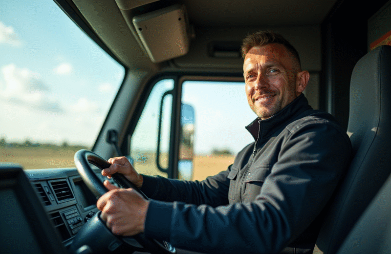 Conducteur confiant dans un grand camion blanc de 30m3