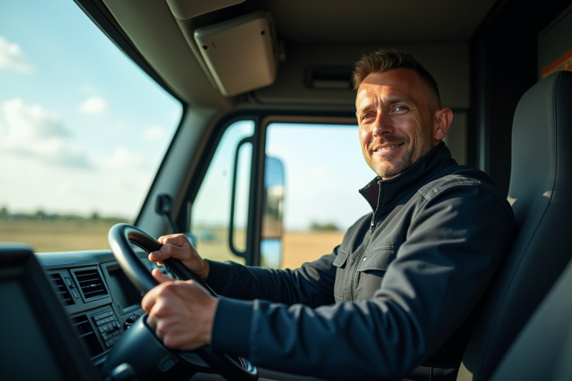 Conducteur confiant dans un grand camion blanc de 30m3