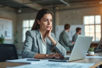 Femme architecte analysant un logiciel BIM sur ordinateur portable dans un studio de conception moderne, questionnant la fiabilité des outils numériques en 2026