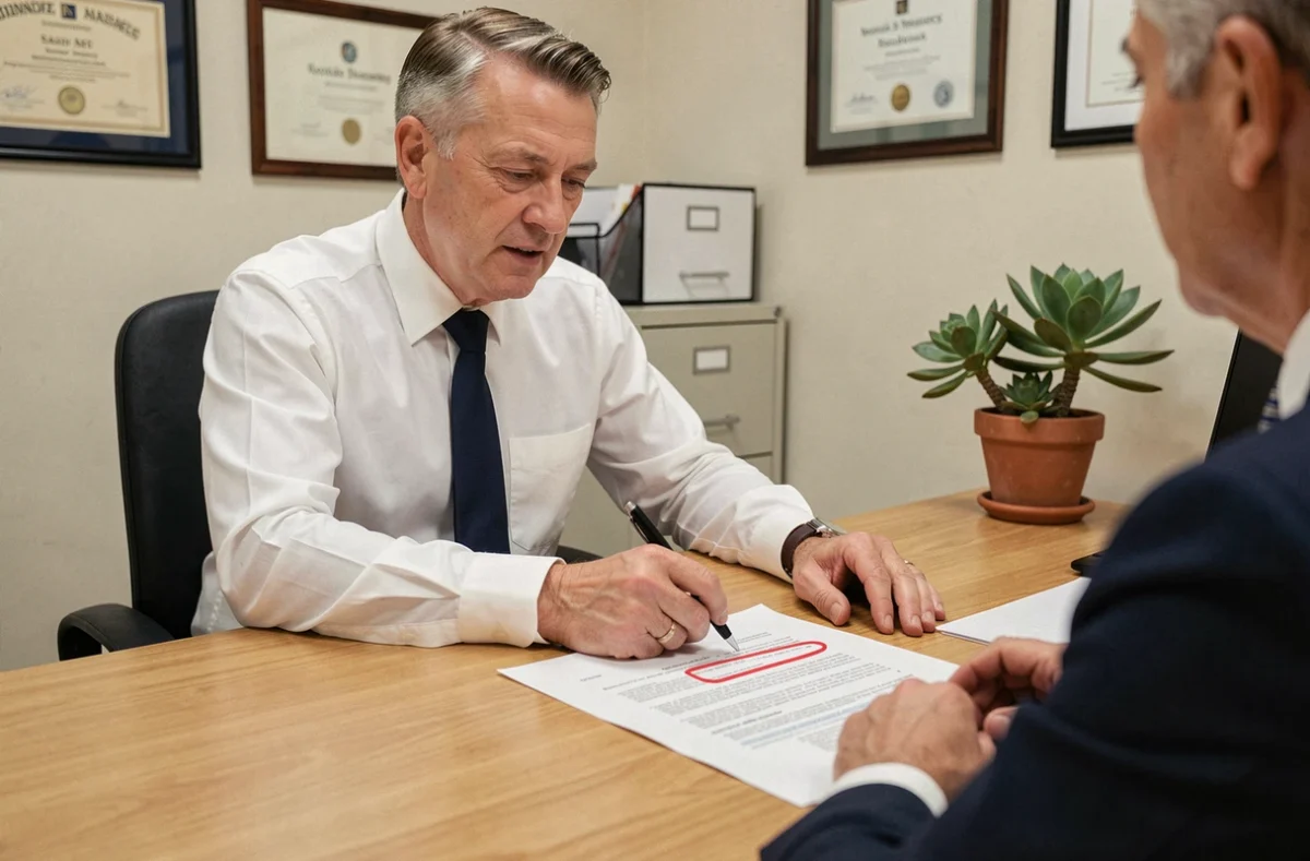 Conseiller en assurance expliquant les clauses d'un contrat MRH à un client dans un bureau professionnel