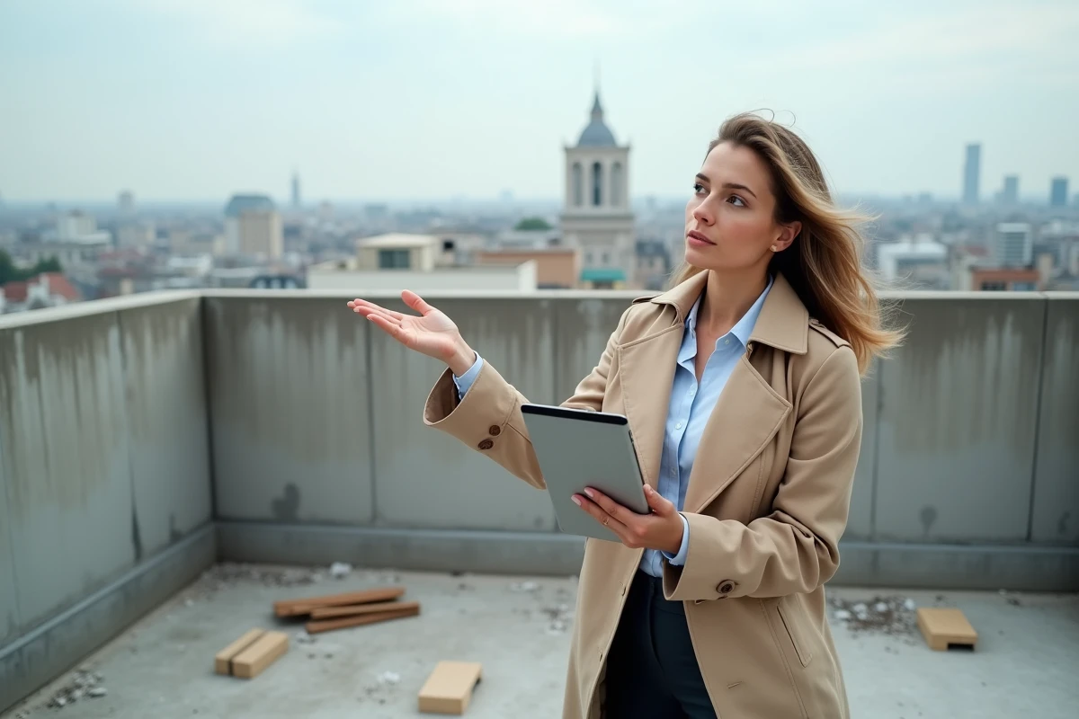 Femme consultante en immobilier sur un toit de chantier avec une tablette affichant un site d'investissement immobilier