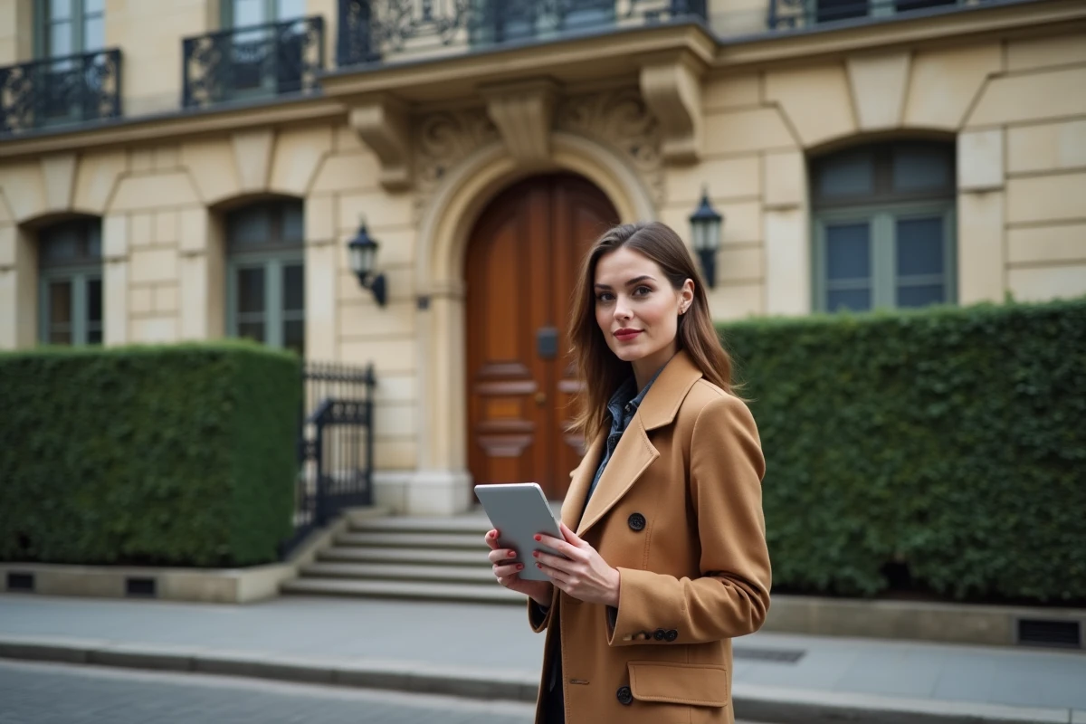 Femme consultant une plateforme immobilière de luxe sur tablette devant une façade haussmannienne parisienne