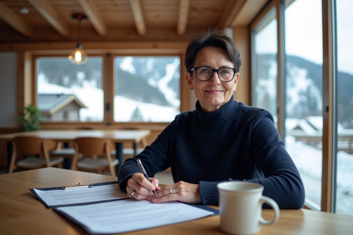 Femme relisant un contrat d'achat immobilier dans un appartement de montagne aux Menuires